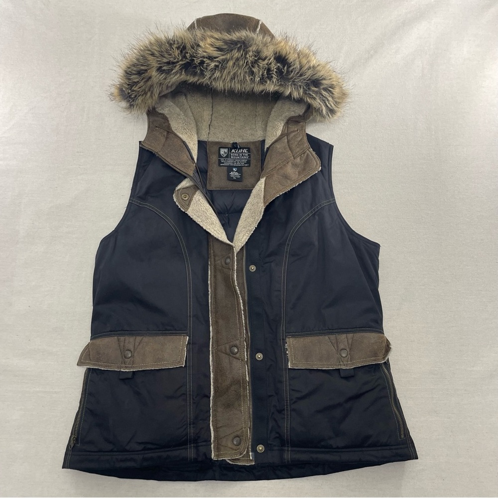 Kuhl Projekt Goose Down Hooded Faux Fur Leather Trim Black Puffer Vest Large